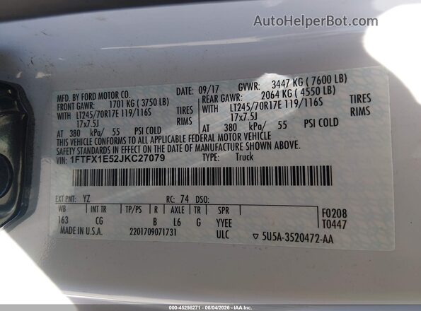 1FTFX1E52JKC27079 2018 FORD F150 White 