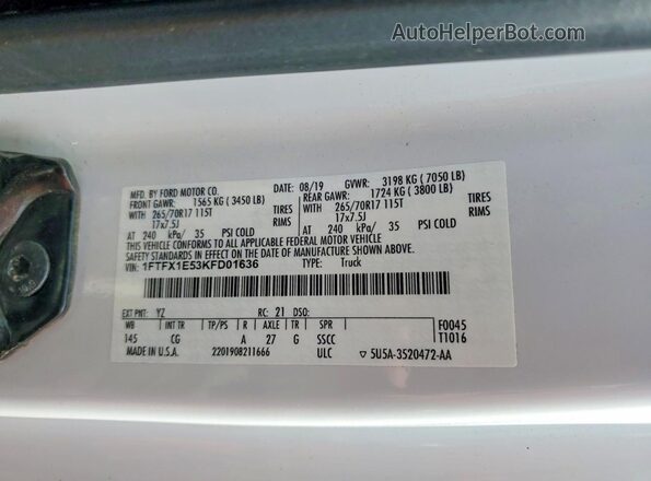 1FTFX1E53KFD01636 2019 FORD F150 White Շարժիչի բաժամունքի տեսք