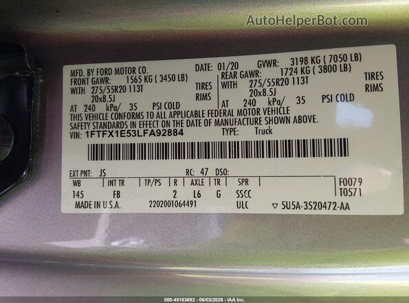 1FTFX1E53LFA92884 2020 FORD F150 Серебряный Вид подкапотного пространства