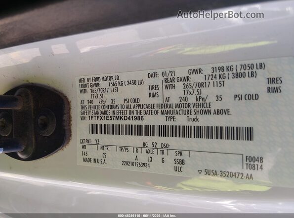 1FTFX1E57MKD41986 2021 FORD F150 White 