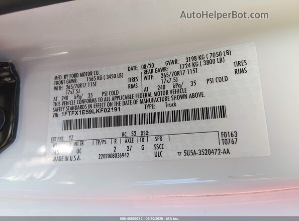1FTFX1E59LKF02191 2020 FORD F150 White Շարժիչի բաժամունքի տեսք