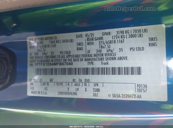 1FTFX1E84MFB67040 2021 FORD F150 Blue ძრავის განყოფილების ხედი