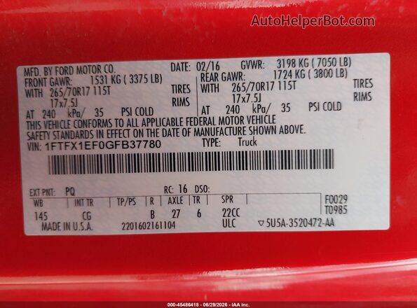 1FTFX1EF0GFB37780 2016 FORD F150 Red ძრავის განყოფილების ხედი