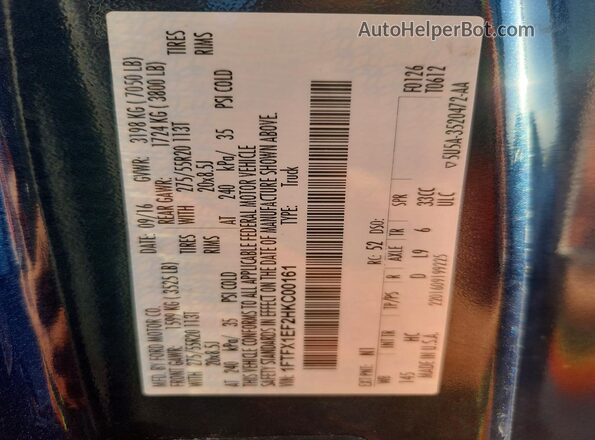 1FTFX1EF2HKC00161 2017 FORD F150 Blue VIN կոդի պիտակի տեսք