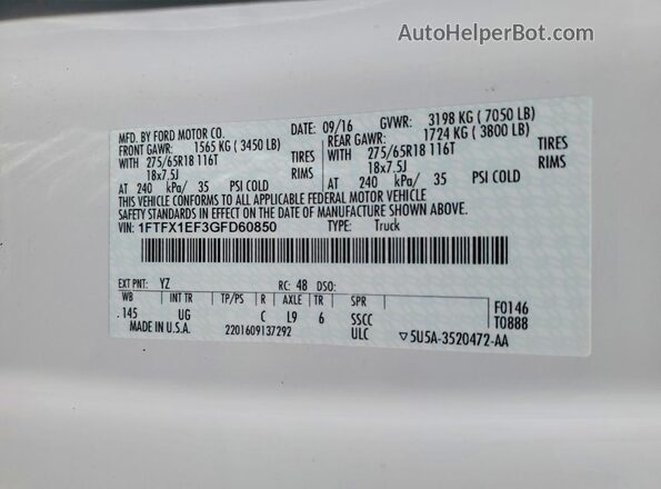 1FTFX1EF3GFD60850 2016 FORD F150 White 