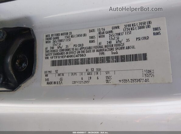 1FTFX1EF4HKC47563 2017 FORD F150 White ძრავის განყოფილების ხედი