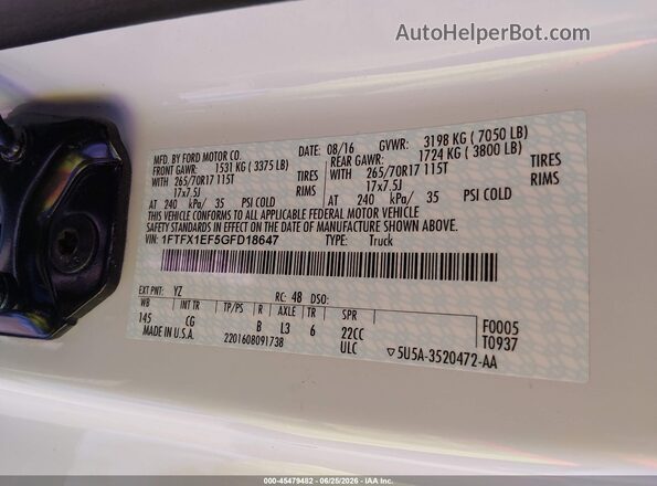 1FTFX1EF5GFD18647 2016 FORD F150 White ძრავის განყოფილების ხედი