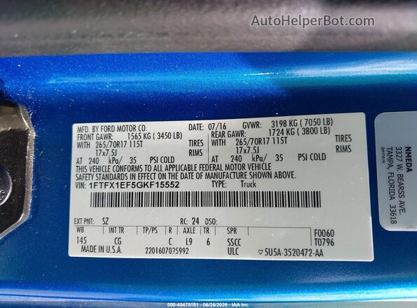 1FTFX1EF5GKF15552 2016 FORD F150 Blue Widok komory silnika