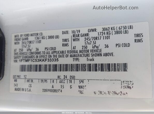 1FTMF1C53KKF33335 2019 FORD F150 White Vista del compartimento del motor
