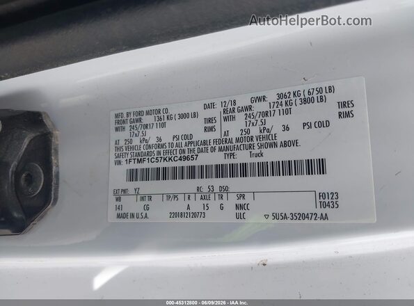 1FTMF1C57KKC49657 2019 FORD F150 White Вид підкапотного простору