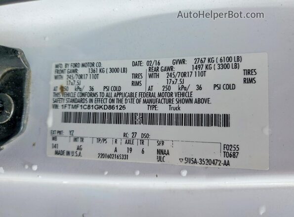 1FTMF1C81GKD86126 2016 FORD F150 White Շարժիչի բաժամունքի տեսք