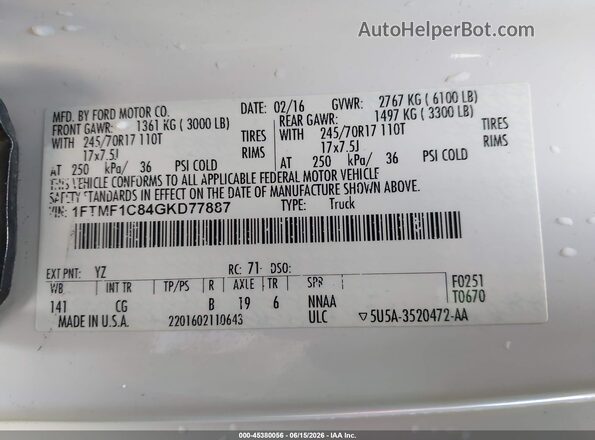 1FTMF1C84GKD77887 2016 FORD F150 White Շարժիչի բաժամունքի տեսք