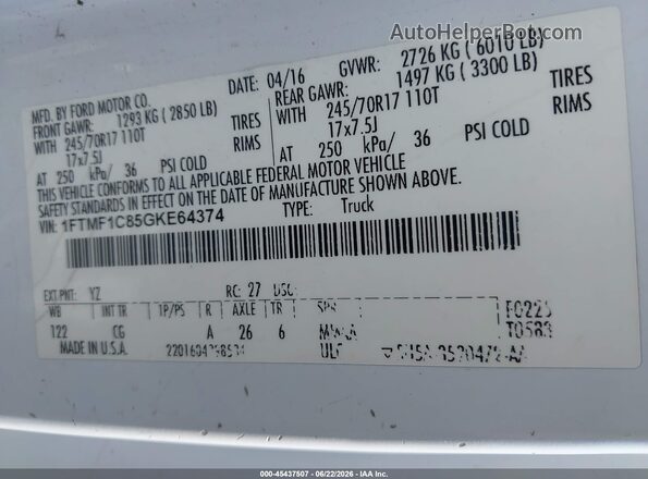 1FTMF1C85GKE64374 2016 FORD F150 White ძრავის განყოფილების ხედი