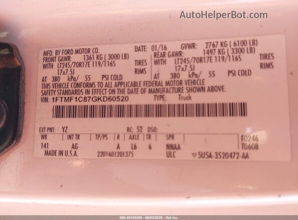 1FTMF1C87GKD60520 2016 FORD F150 White 