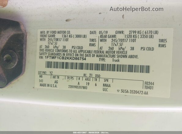 1FTMF1CB2KKD86754 2019 FORD F150 White Vista del compartimento del motor