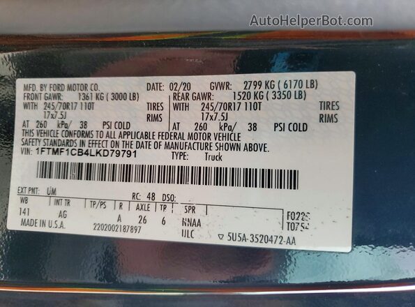 1FTMF1CB4LKD79791 2020 FORD F150 Black Շարժիչի բաժամունքի տեսք