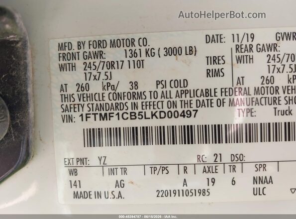 1FTMF1CB5LKD00497 2020 FORD F150 White Vista del compartimento del motor