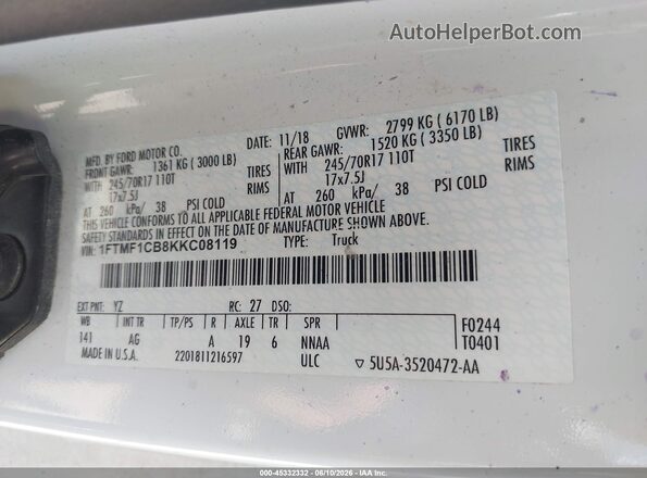 1FTMF1CB8KKC08119 2019 FORD F150 White Widok komory silnika