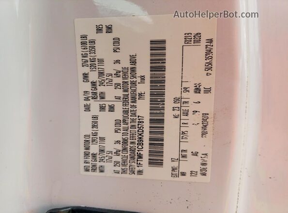 1FTMF1CB9KKD57817 2019 FORD F150 White Շարժիչի բաժամունքի տեսք