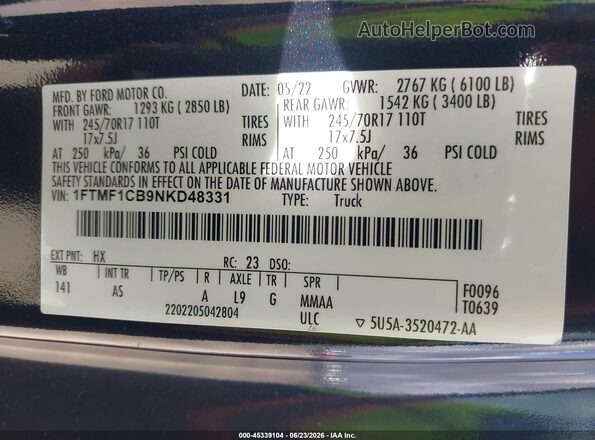 1FTMF1CB9NKD48331 2022 FORD F150 Black Engine compartment view