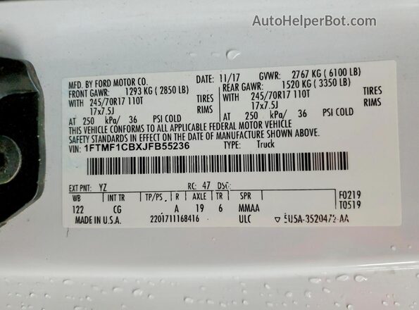 1FTMF1CBXJFB55236 2018 FORD F150 White Вид підкапотного простору