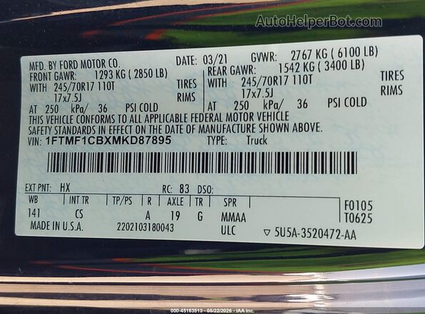 1FTMF1CBXMKD87895 2021 FORD F150 Blue 