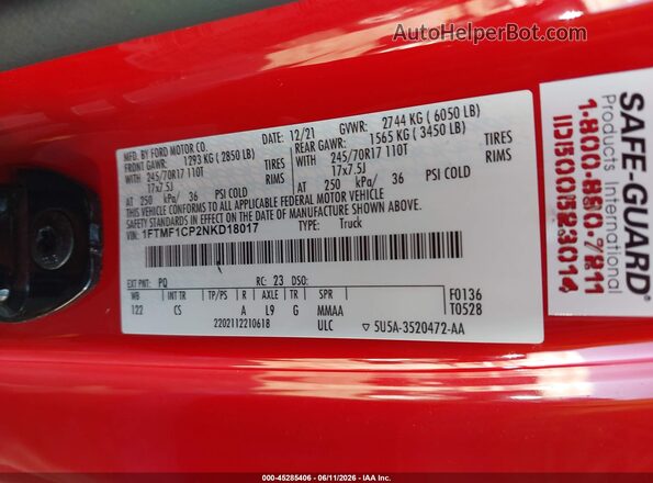 1FTMF1CP2NKD18017 2022 FORD F150 Red ძრავის განყოფილების ხედი