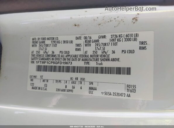 1FTMF1CP5GFD15673 2016 FORD F150 White ძრავის განყოფილების ხედი