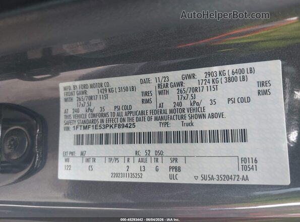1FTMF1E53PKF89425 2023 FORD F150 Gray Շարժիչի բաժամունքի տեսք