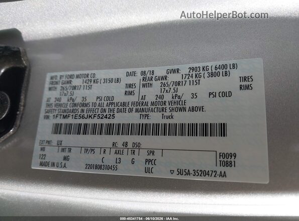 1FTMF1E56JKF52425 2018 FORD F150 Silver ძრავის განყოფილების ხედი