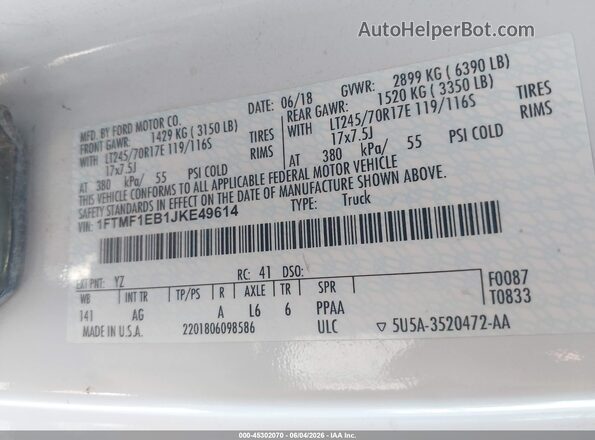 1FTMF1EB1JKE49614 2018 FORD F150 Белый 