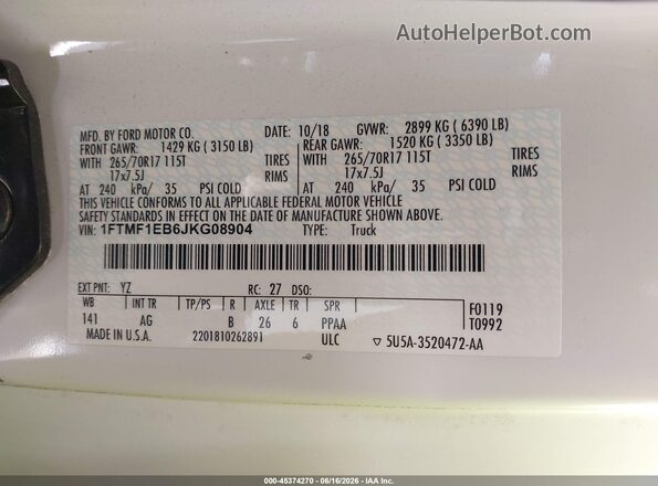 1FTMF1EB6JKG08904 2018 FORD F150 White Շարժիչի բաժամունքի տեսք