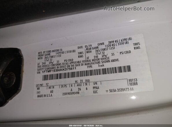 1FTMF1EB6KKD75611 2019 FORD F150 Белый Вид подкапотного пространства