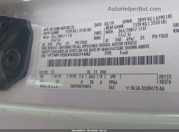 1FTMF1EBXKKD31482 2019 FORD F150 White Вид підкапотного простору