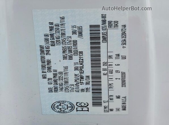 1FTMF1EP0LKE21138 2020 FORD F150 White 