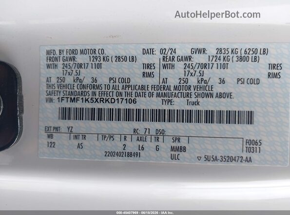1FTMF1K5XRKD17106 2024 FORD F150 White Widok komory silnika