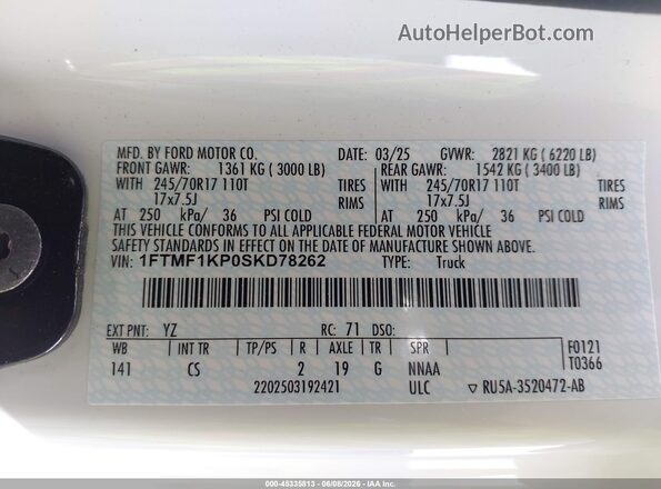1FTMF1KP0SKD78262 2025 FORD F150 White Вид підкапотного простору