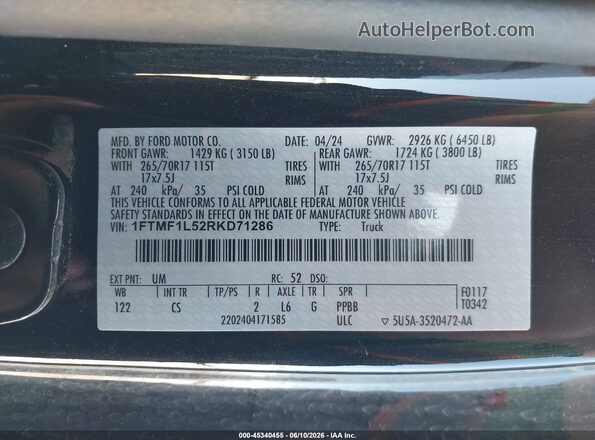 1FTMF1L52RKD71286 2024 FORD F150 Black Vista del compartimento del motor