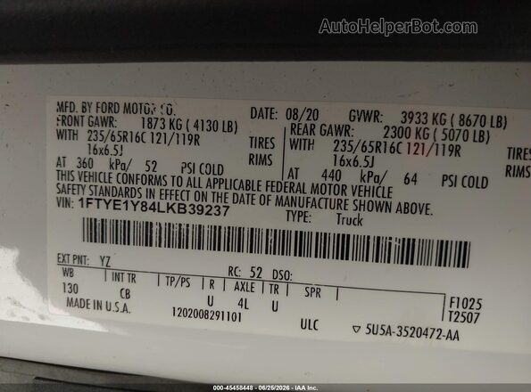 1FTYE1Y84LKB39237 2020 FORD TRANSIT-150 Белый Вид подкапотного пространства