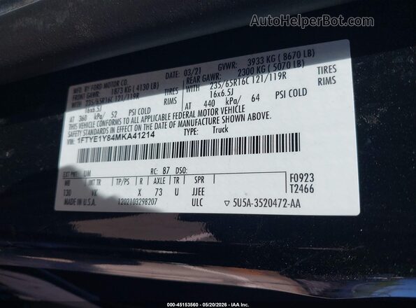 1FTYE1Y84MKA41214 2021 FORD TRANSIT-150 Black 