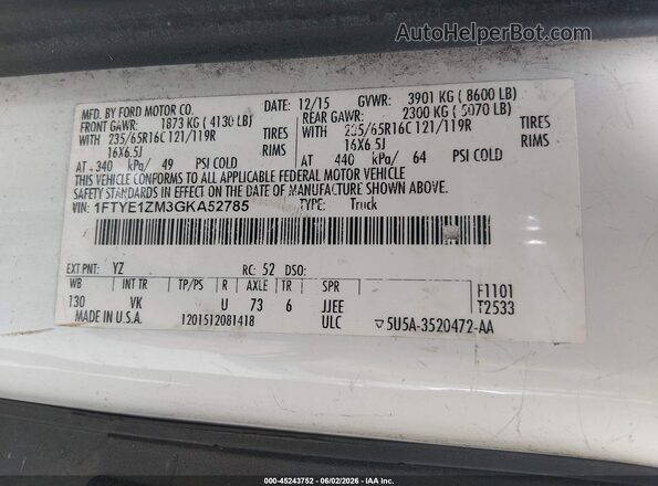 1FTYE1ZM3GKA52785 2016 FORD TRANSIT-150 White ძრავის განყოფილების ხედი