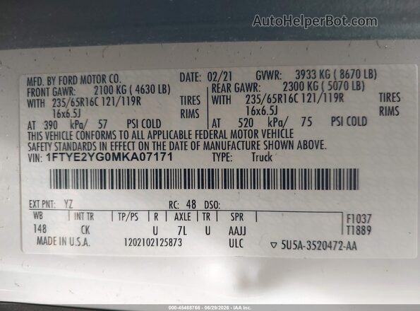 1FTYE2YG0MKA07171 2021 FORD TRANSIT-150 White Engine compartment view