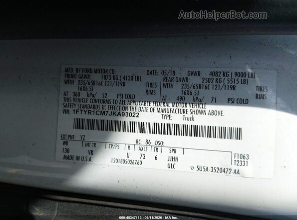 1FTYR1CM7JKA93022 2018 FORD TRANSIT-250 White 