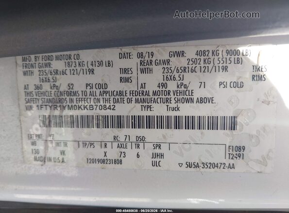 1FTYR1YM0KKB70842 2019 FORD TRANSIT-250 White Շարժիչի բաժամունքի տեսք