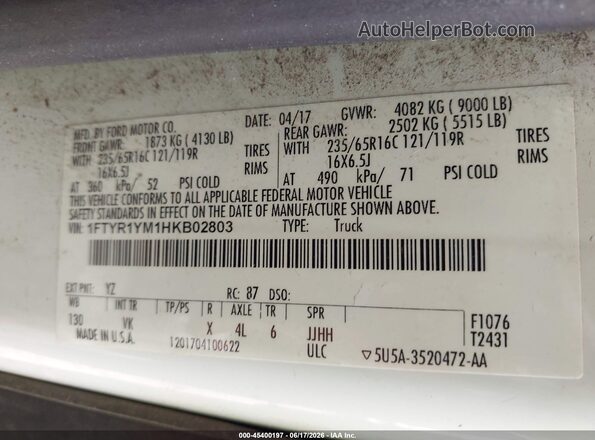 1FTYR1YM1HKB02803 2017 FORD TRANSIT-250 White Շարժիչի բաժամունքի տեսք