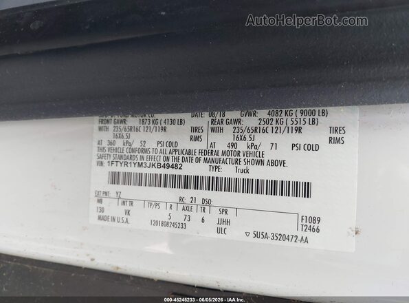 1FTYR1YM3JKB49482 2018 FORD TRANSIT-250 White 
