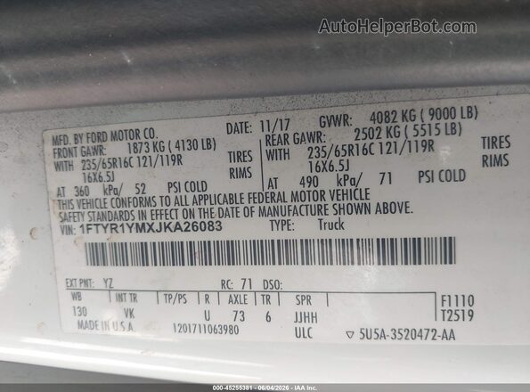 1FTYR1YMXJKA26083 2018 FORD TRANSIT-250 White Vista del compartimento del motor