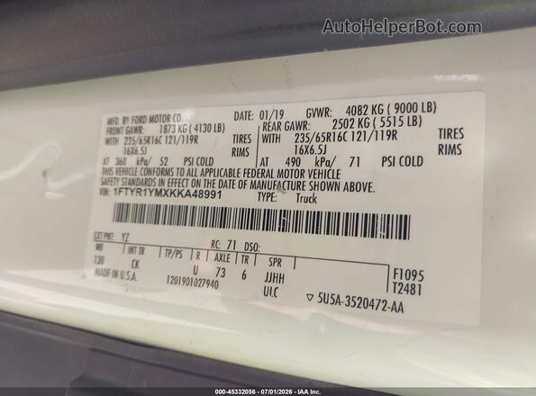 1FTYR1YMXKKA48991 2019 FORD TRANSIT-250 White Vista del compartimento del motor