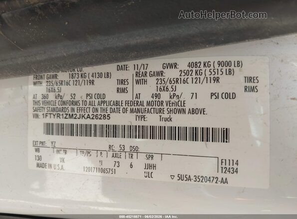 1FTYR1ZM2JKA26285 2018 FORD TRANSIT-250 White Widok komory silnika