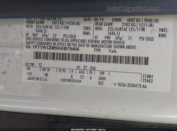 1FTYR1ZM5KKB79406 2019 FORD TRANSIT-250 White Вид підкапотного простору